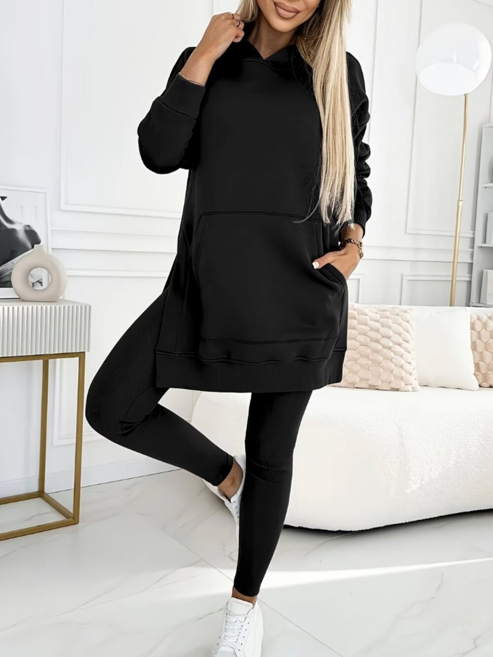 Hooded Sweatshirt And Solid Color Leggings Two Piece Set in Black
